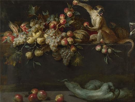 Amazon.com: Poliéster lona, la imitaciones Art DecorativeCanvas Prints de pintura al óleo 'Jan Roos todavía vida de frutas y verduras con dos monos', 30 x 40 inch/29.9 x 39.8 inch es mejor