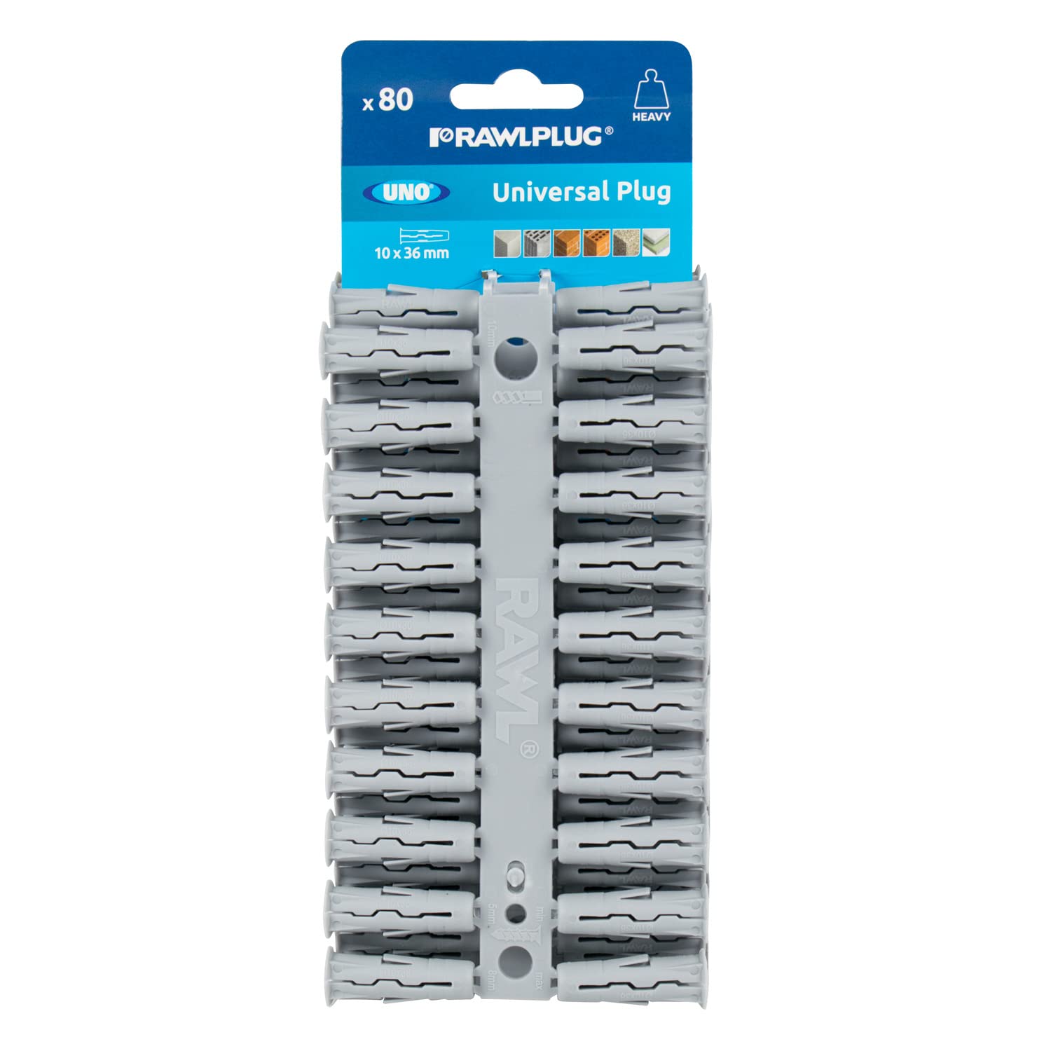 Rawlplug Uno Universal Wallplug 10 mm Gry | RawlPlugs for Plasterboard, Masonry, Brick, Concrete | Anti Rotation Features | Plasterboard Fixings Plug Pack of 80,10 x 36 mm,68615