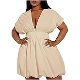 WDIRARA Women's Plus Size Deep V Neck Bubble Dress Short Sleeve A Line Mini Dresses