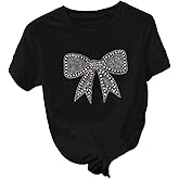 RoseSeek Women's Beaded Sequin Tops Bowknot Bow T Shirt Short Sleeve Crewneck Trendy Tee Top Y2k Tops