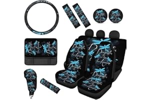 Wanyint Blue Dragonfly 12 Pieces Car Seat Cover Steering Wheel Cover, Seat Belt Strap Wrap Cover Armrest Pad Handbrake Cover Gear Shift Cover Cup Holder Coasters for Truck Vans Sedans