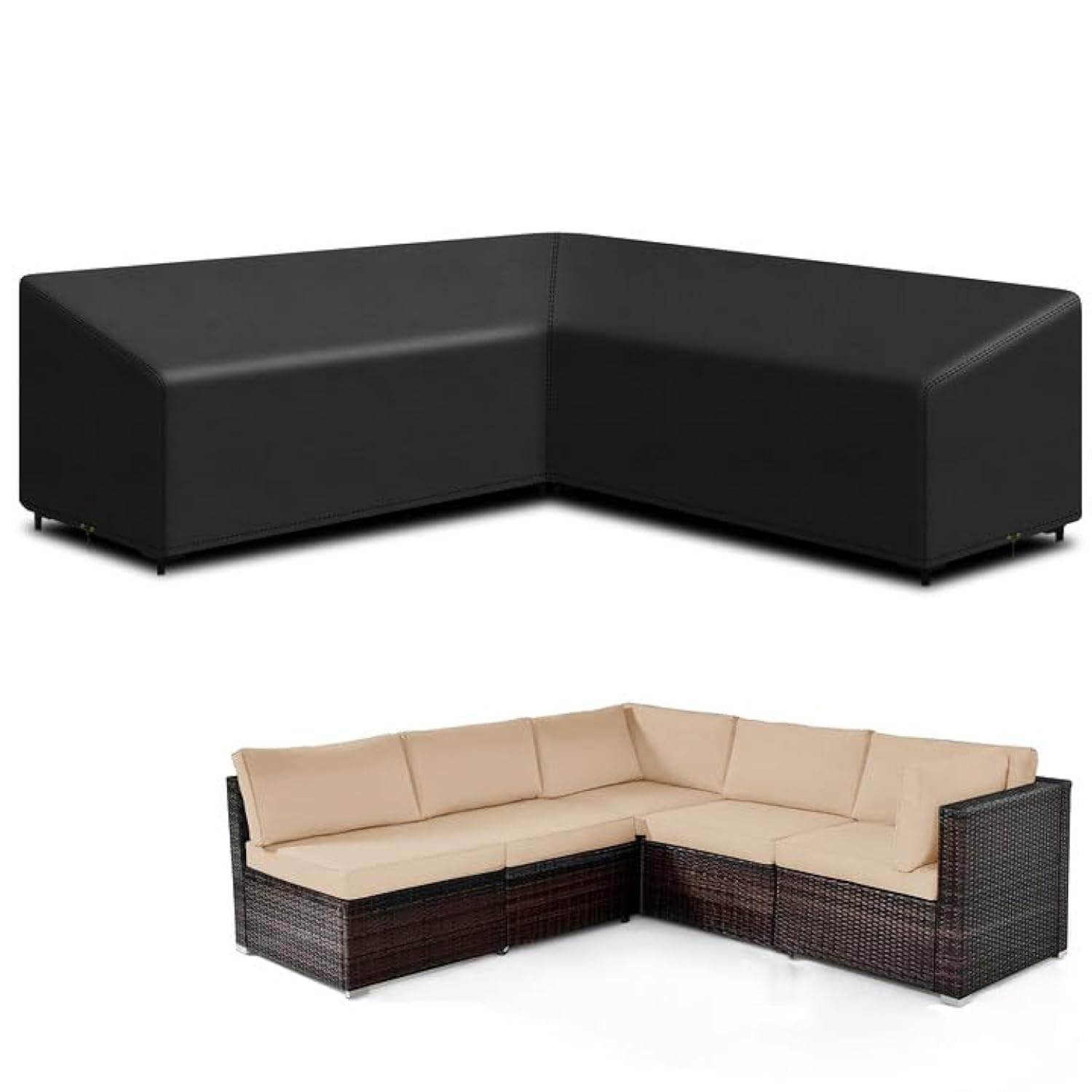 Funshot L Shape Garden Furniture Covers Waterproof, 420D Oxford Fabric L Shape Garden Sofa Covers Windproof, Anti-UV, Outdoor Patio Rattan Corner Sofa Cover Dining Set Cover, 250x250x115x64/78cm