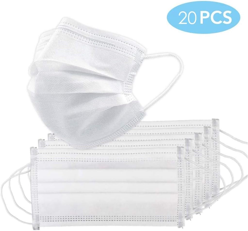 Yikey 20PC Mask for Germ Protection, 3-Ply Disposable Face Masks Medical Mask Ear Loop White