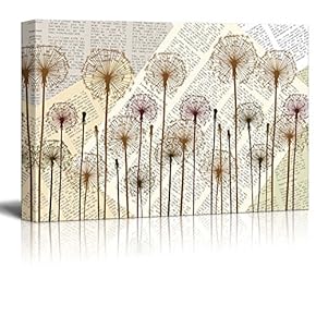 Wll Art Dandelions on Vintage Newspaper Background and Stretched