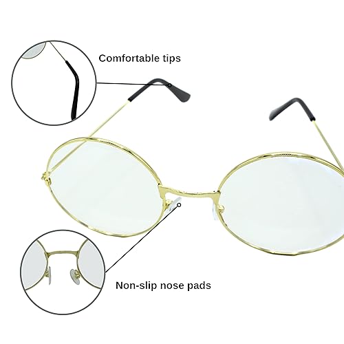 4E's Novelty Gold Metal Round Glasses, Fake Non Prescription Kids