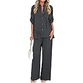 KIRUNDO Two Piece Sets for Women Spring Outfits 2026 Summer Dressy Casual Button Down Shirt Wide Leg Pants Lounge Set