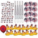 109 Piece Mega Patriotic Toy Novelty Assortment; 72 Glitter Patriotic Temporary Tattoos; 12 Patriotic Rubber Ducks; 12 Patriotic Paper Fans; 12 33