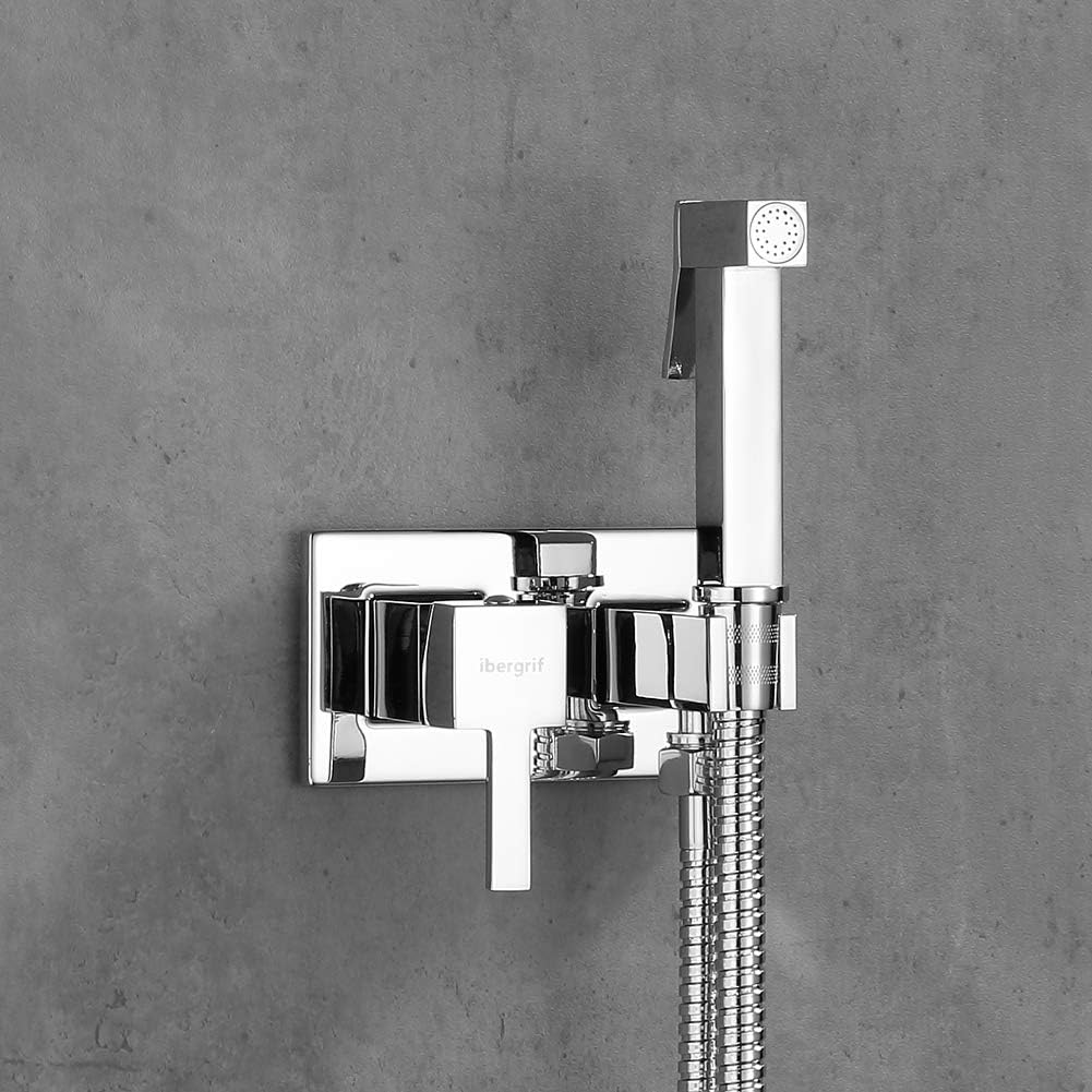Ibergrif M22011 Square Concealed Shower Mixer Set, Hot and Cold Bidet Spray with Shattaf Sprayer, Hose Pipe, Chrome, Silver - Image 5