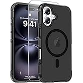 jaroco Magnetic for iPhone 16 Case with Screen Protector, Heavy Duty Protection, Compatible with MagSafe, Military Grade Drop Protection, Translucent Matte Shockproof Phone Cover, Black