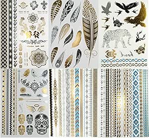 Super Metallic Gold Silver Black Jewelry Temporary Bling Tattoo 6 Sheets Pack (L2 Style) (761258800247)