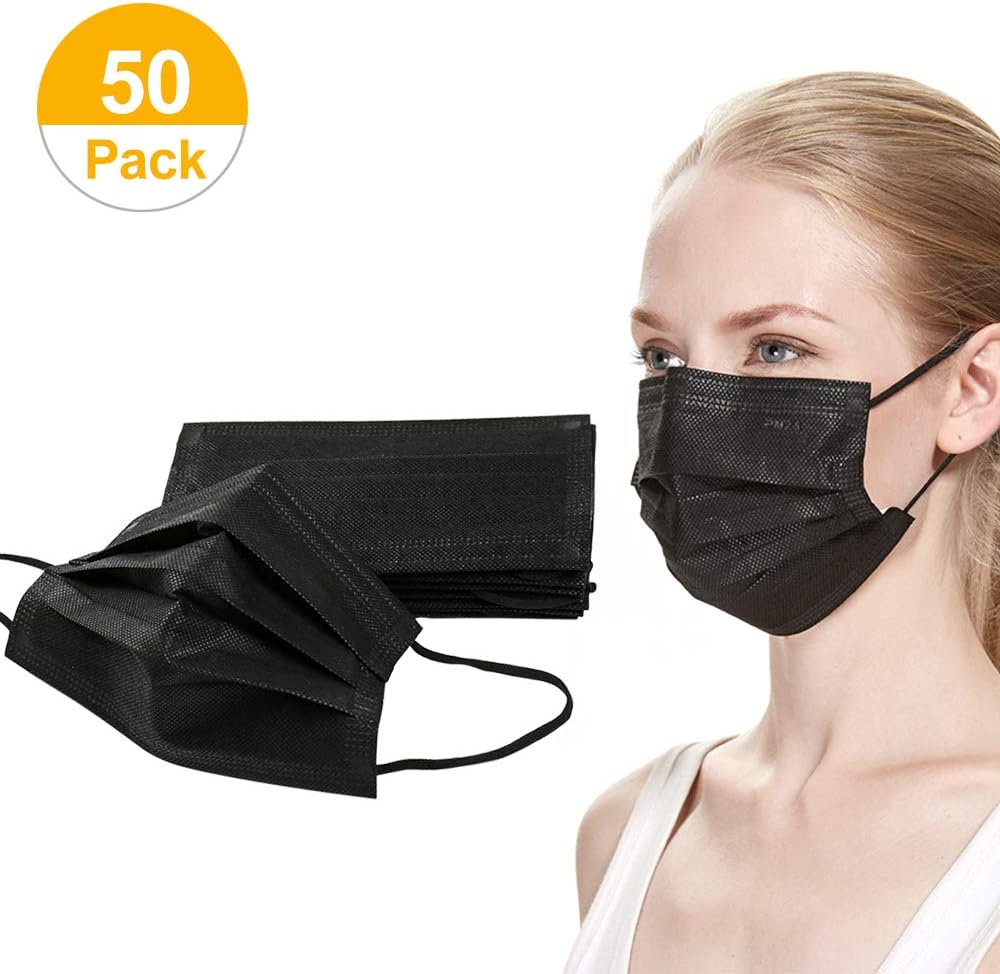50 Pack Disposable Face Masks Unisex Four layers (activated carbon) Breathable Filter Mouth Masks(Black, Individual packaging + inner box)