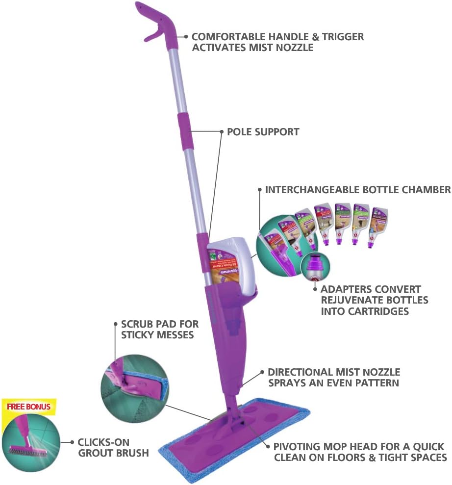 Rejuvenate Click N Clean Multi-Surface Spray Mop System Complete Bundle Includes Free Click-On Pro Grade Grout Brush 1 x 32oz No-Bucket Floor Cleaner (bundle with 3 reusable microfiber pads): Health & Personal Care