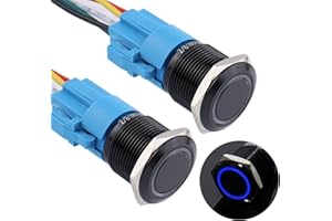 DMWD 2PCS 19MM Momentary Push Button Switch 12V-24V Ring LED 1NO 1NC Waterproof (ON)-Off Black Metal Shell Button Self Reset with Wire Socket Plug for 3/4" Mounting Hole(IP66,Blue Light)
