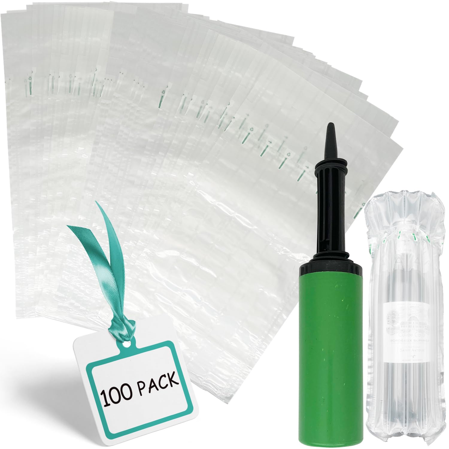 Pack of 100 Inflatable Wine Bottle Bags with Reusable Pump, Bubble Packaging Ideal for Moving, Bottle Protection, Shipping Fragile Item