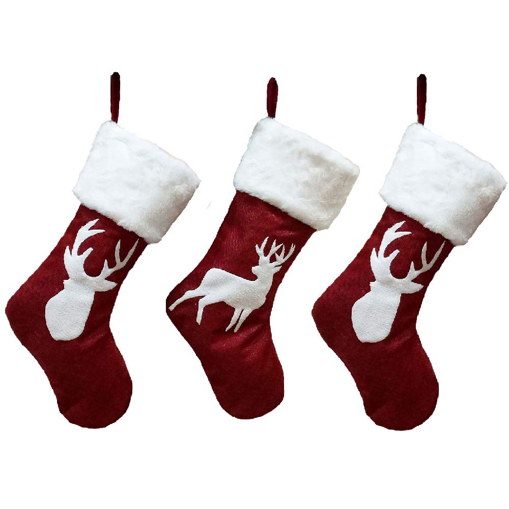 Christmas Stockings Red Reindeer - 3 Pcs Stylish Xmas Stockings Decorations - Classic Family Holiday Decor - Red Elk Embroidery Set with Faux Fur - Christmas stockings Storage for Treats and Gifts