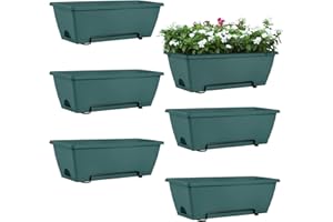 HAITRAL Railing Planter Boxes (16.9 Inch, 6 Pack) Green Plastic Deck Rail Planters for Outdoor Plants, Hanging Window Boxes with Drainage Tray for Over Rail Porch Fence,Balcony & Home Decor