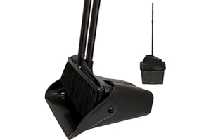 Primero Basics Broom and Dustpan Set with Long Handle and Wheels, Upright Standing Heavy Duty Large Dust Pan and Broom Combo 