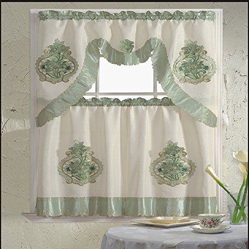 B&H Home Majestic Floral Embroidered 3-Piece Kitchen Curtain Window Treatment Set (Majestic Green)
