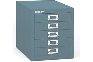 Bisley 5-Drawer Steel MultiDrawer Cabinet - Doulton Blue, Chrome Pull Handles with Label Holders, Powder-Coated Steel, Removable Drawers, Desktop Storage, Labels Included
