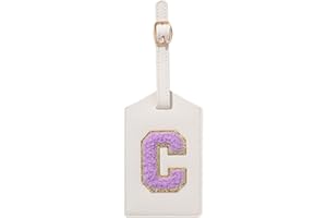 CHOIEO Initial Luggage Tag, PU Leather Luggage Tag, Embroidered Luggage Tag, Letter Luggage Tag, Monogrammed Luggage Tag, Luggage Tag for Baggage Bag Suitcase (C, White Leather+Purple Letter)