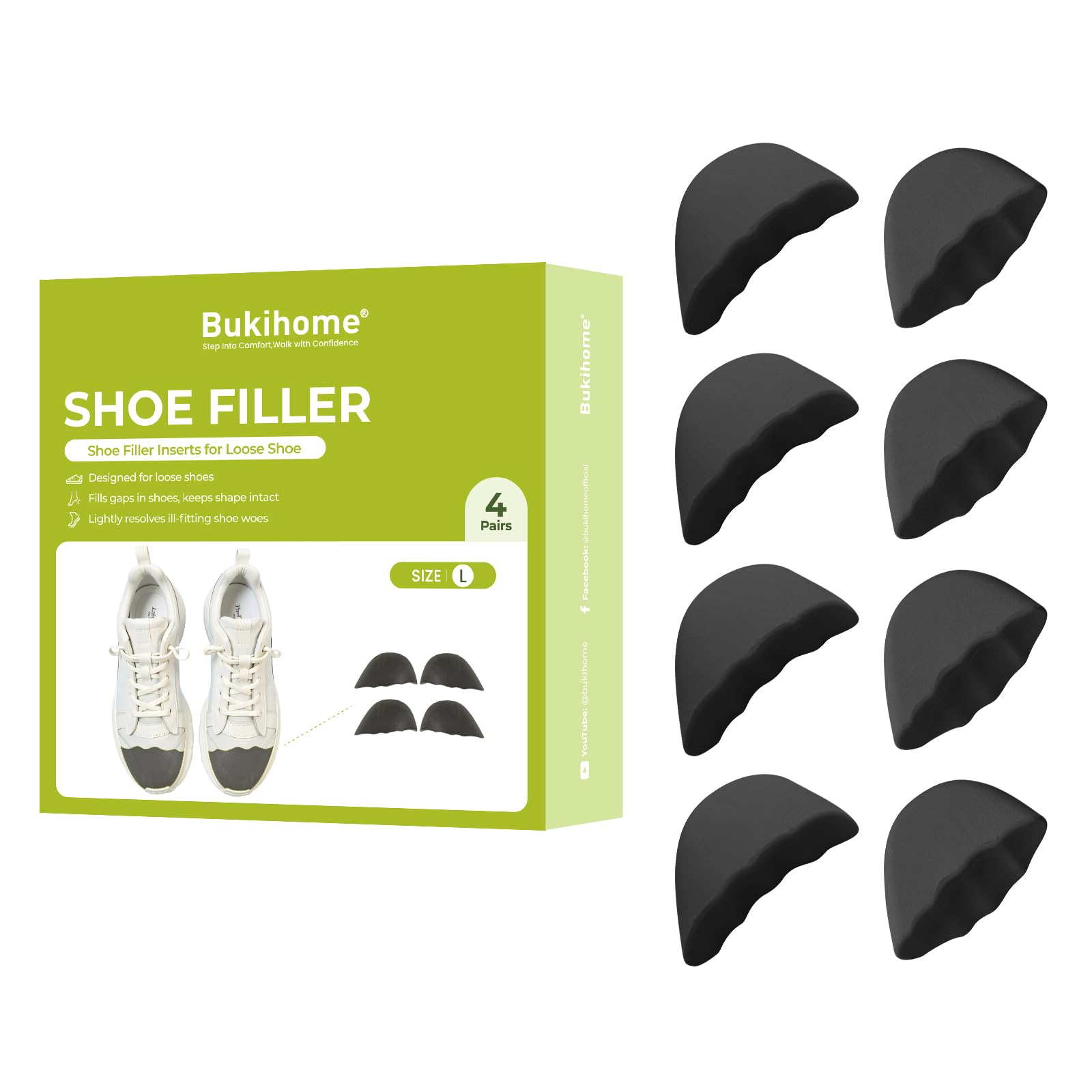 Photo 1 of Bukihome Shoe Filler Insert - 4 Pairs Shoe Filler for Too Big Shoes, Heel Cushions for Women, Toe Inserts, Size Reducer Make Shoes Fit, Cushions for Women, Black, L