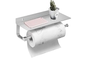 BESy Paper Towel Holder Wall Mounted for Kitchen 13 Inch, Bathroom Tissue Roll Hanger with Mobile Phone Storage Shelf,Space Aluminum, Wall Mount with Screws, Dull Polished Silver