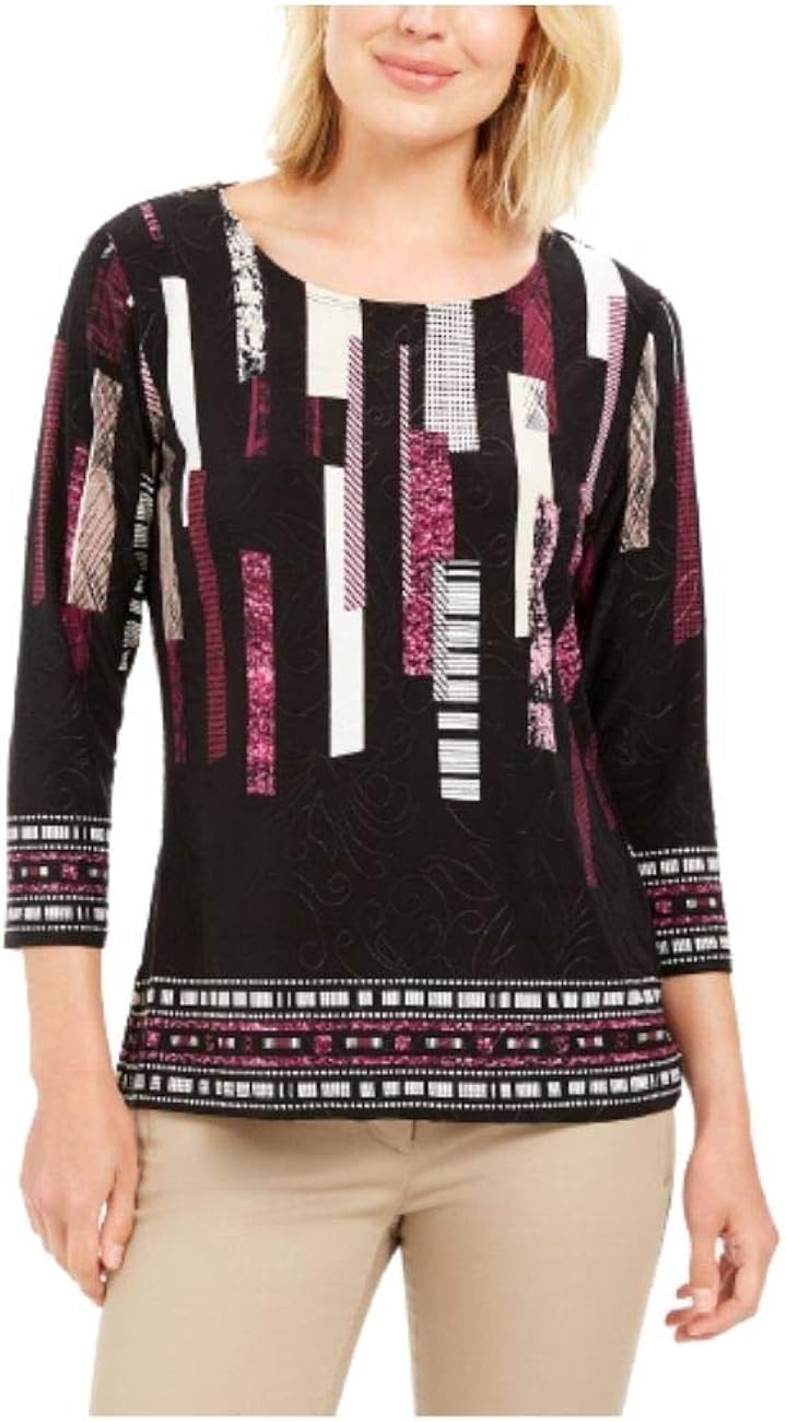 JM Collection Printed Jacquard Top Black S at Amazon Women’s Clothing store