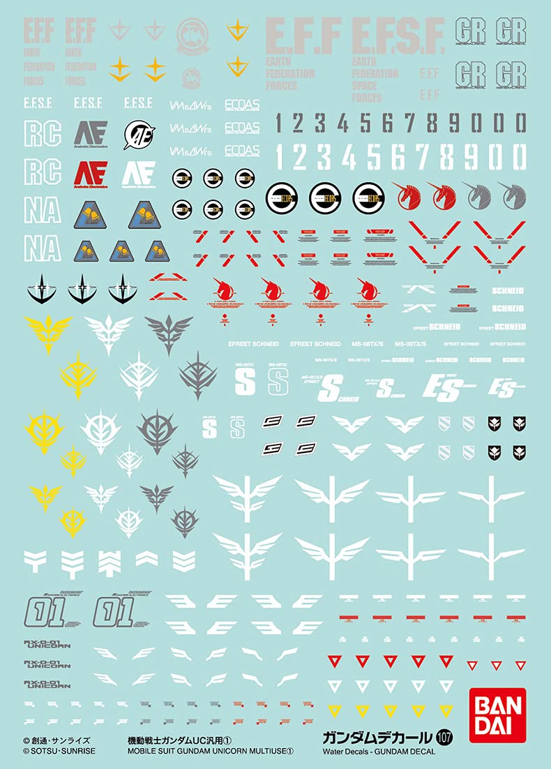 Bandai Hobby No.107 Mobile Suit Gundam UC 1, Bandai Gundam Decal Hobby Decals