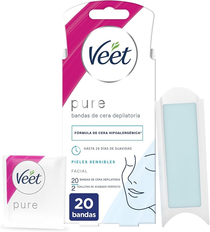 Pure Bandas de Cera Fría Depilatoria para Depilación Facial Adecuado para Labio Superior (Bigote), Fórmula de Cera Hipoalergénica para Pieles Sensibles, 20 Tiras