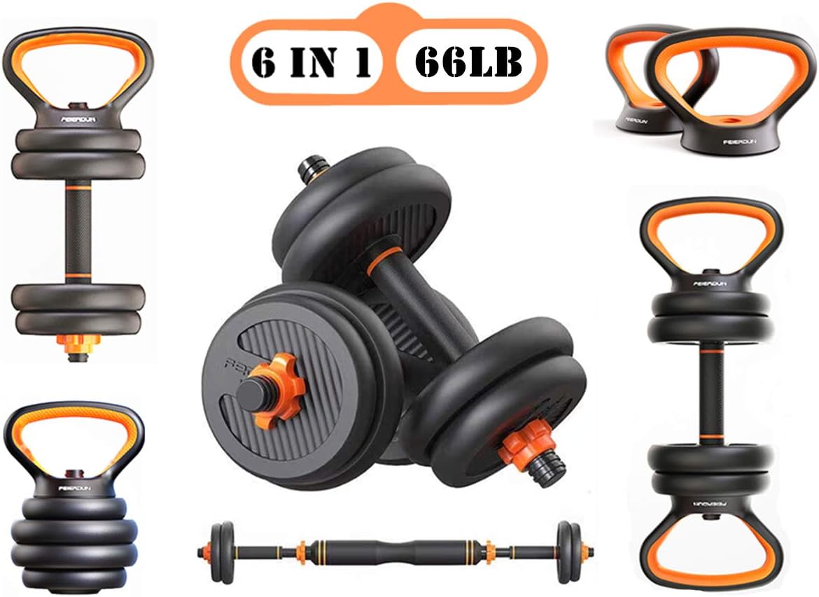 【6 in 1】 Adjustable Weights Dumbbells Barbell Kettle Bell Push-up Set,Free Wight Dumb Bells Sets for Men Or Women,Bar Bells Dumbbell Weight 20lb 25lb 45lb 66lb,Maximum Weight Up to 66lb/30kg.