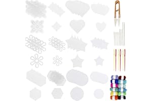 Aulufft Mesh Plastic Canvas Kit, 60 Pieces 6 Shapes Blank Clear Plastic Canvas Embroidery Canvas Craft Knit Tools with 12 Colors Yarn