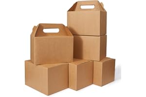 Happyhiram 30 CT 9x6x6 Large Box Lunch Boxes Cardboard Paper with Handles Kraft Brown, Gable Gift Boxes Party Favor Boxes Barn Style Carry Out Box Recyclable Packaging Boxes for Food Cookies Baby