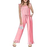 Yousify Girls Jumpsuit Kids Fashion Ruffle Sleeve Belted Wide Leg Romper One Piece Summer Outfits with Pockets 5-14 Years