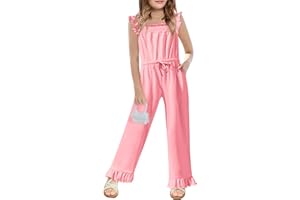 Yousify Girls Jumpsuit Kids Fashion Ruffle Sleeve Belted Wide Leg Romper One Piece Summer Outfits with Pockets 5-14 Years