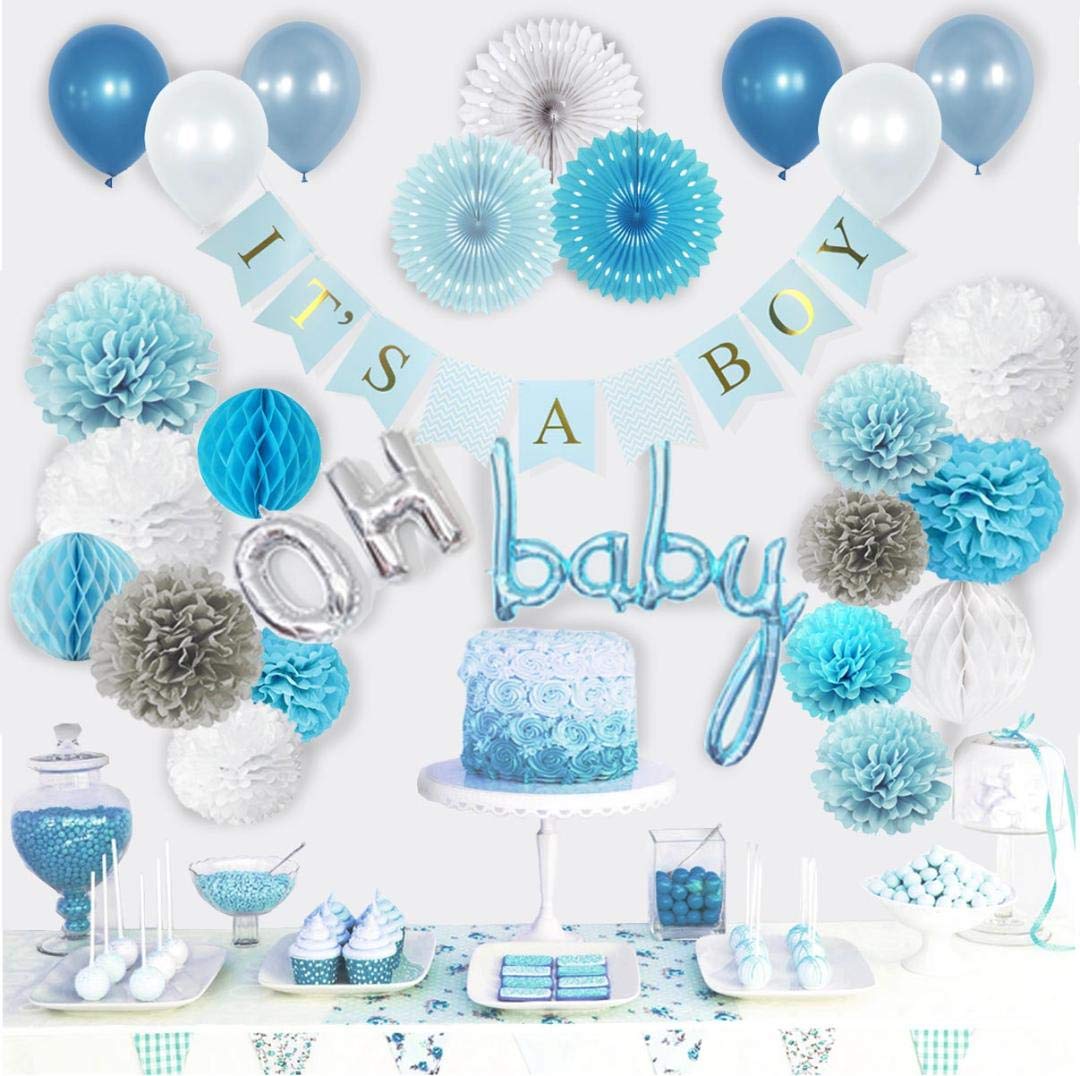 VIDAL CRAFTS Baby Shower Decorations for Boy, Its a Boy Banner, Complete Party Decor Kit, Paper Fans, OH BABY Foil and Latex Balloons, Tissue Paper Pom Poms, Honeycomb Balls, Party Supplies for Boys