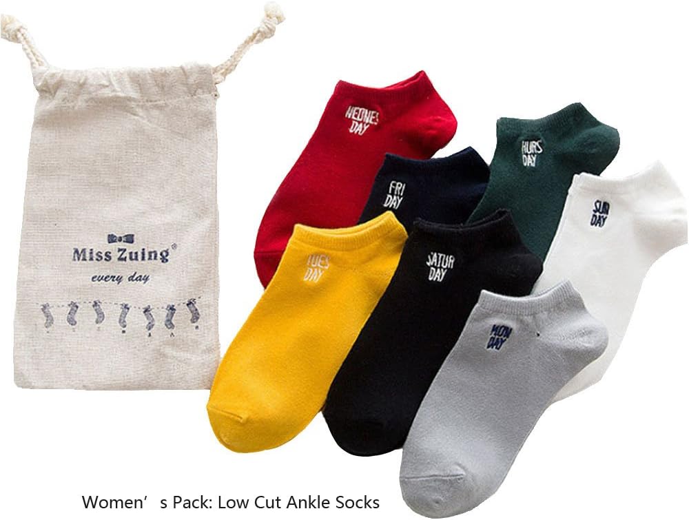 Weekly Casual Socks, Ankle Socks, Mid Socks, Pack of 7 with 7 Day Name of Week, for Men or Women