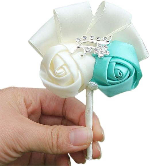 Quibine Lot De 4 Pcs Boutonnière Mariage Homme Broche à Fleur Rose Satin Cristal Rhinestone Décor Costume Mariage Accessoire Turquoise Crème