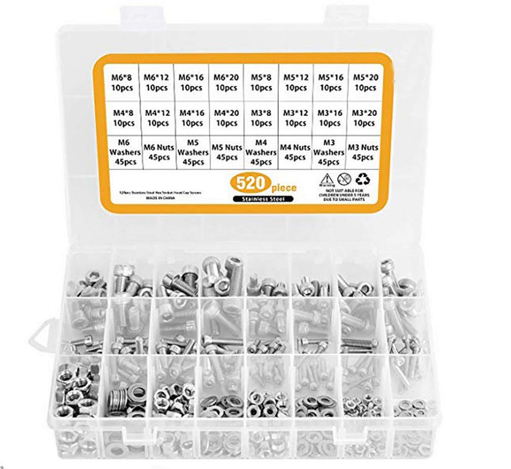 Faspiroty 520 pcs Nuts and Bolts Hexagon Socket Head Cap Screws Washers M3 M4 M5 M6 Thread Size Mechanical Parts Combination Box