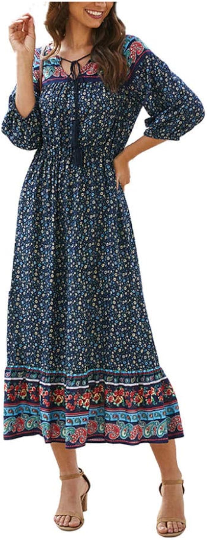 QPXZ Women Vintage Bohemian Dress Women Dresses Floral Print Bandage