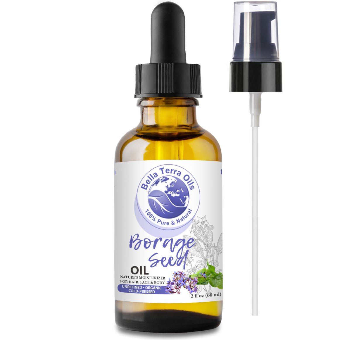 NEW Borage Seed Oil. 2oz. Cold-pressed. Unrefined. Organic. 100% Pure. PA-free. Hexane-free. GLA Oil. Natural Moisturizer. For Hair, Face, Body, Nails, Stretch Marks.