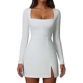 Memoriesea Women's Square Neck Long Sleeve Side Slit A-Line Cocktail Party Club Mini Dress