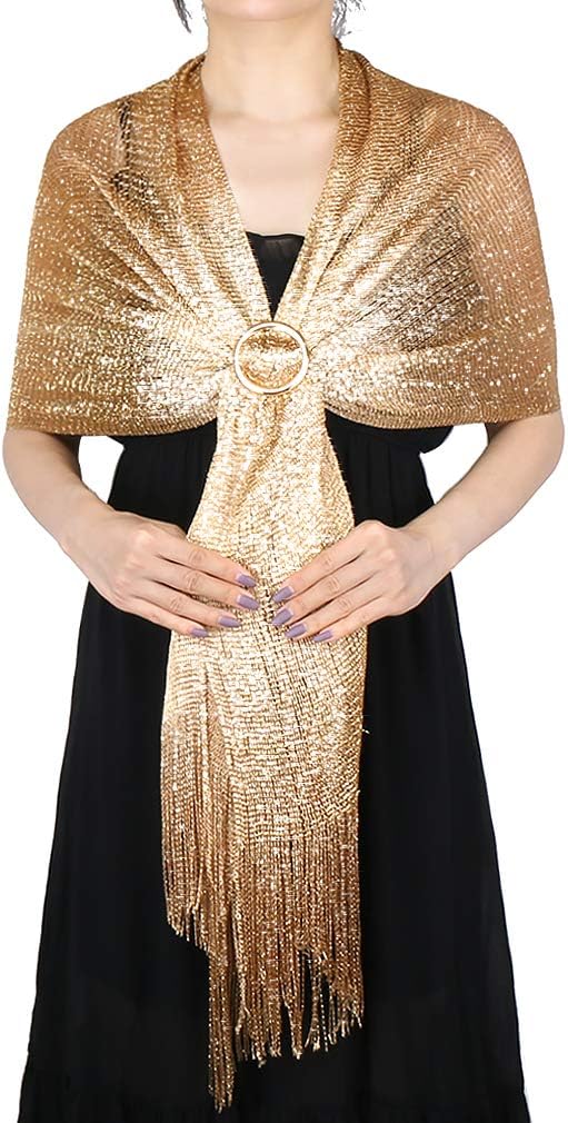KAVINGKALY Metallic Sparkly Shawls and Wraps for Wedding Evening Party Prom Scarf with Fringe