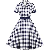 Women Notched Lapel Collar 50s 60s Vintage Plaid Short Sleeve V-Neck Cocktail Swing Dress Retro 1950s Audrey Hepburn Rockabilly Prom Dresses Wedding Elegant Midi Evening Dress with Belt Blue-Plaid L
