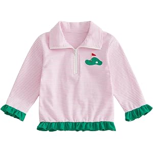 Gueuusu Toddler Baby Girl Outfit Golf Embroidery Quarter Zip Sweatshirt Striped Lapel Ruffle Long Sleeve Collared Shirt Top