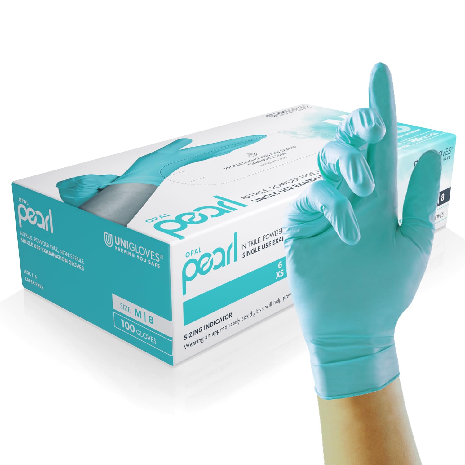 Unigloves Aqua Blue Pearl Nitrile Examination Gloves - Multipurpose, Powder Free and Latex Free Disposable Gloves - Box of 100 Gloves, Aqua Blue, Small (GP0092)