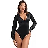 PINKMSTYLE Womens Sexy Satin Silk Plunge V Neck Puff Long Sleeve Bodysuit Going Out Outfit