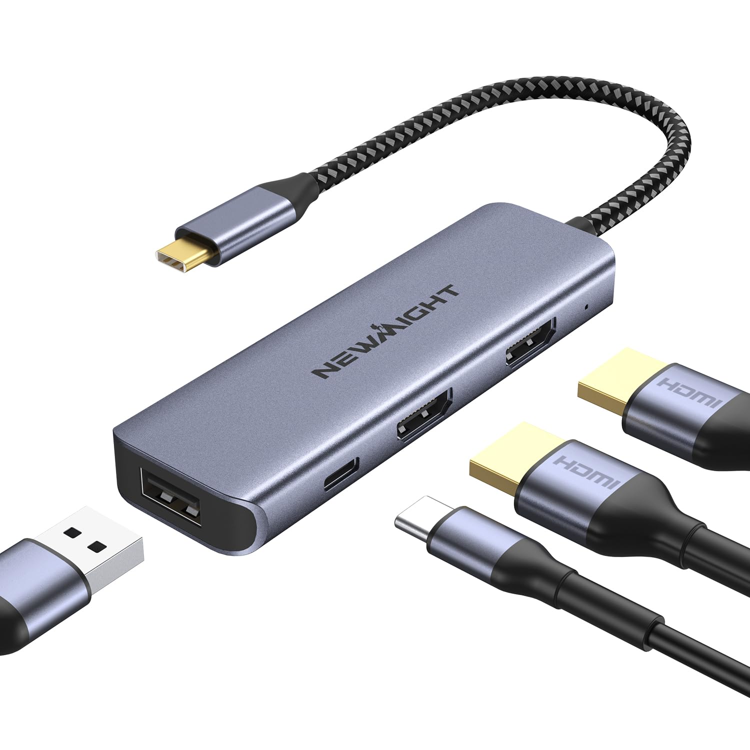 Photo 1 of USB C Dual HDMI Adapter for 2 Monitors, Newmight 4-in-1 USB C to Dual Monitor HDMI Splitter, Supports Single 4K 60Hz and Dual 4K 30Hz, 100W PD, USB-A Port for MacBook, HP, Dell, iPhone 15/16 Series
