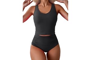 Eomenie Two Piece Tankini Swimsuits for Women Tummy Control Bathing Suits Cutout Back Swim Tank Top with High Waisted Bottom
