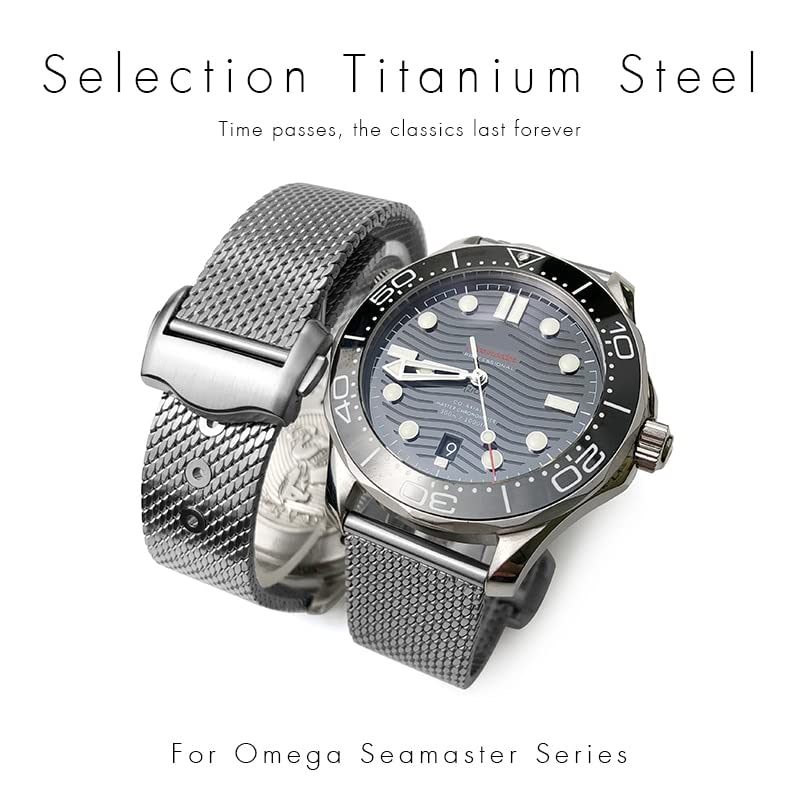 FULNES 20mm Titanium Steel Watch Band Mesh Folding Buckle Watch Strap for Omega Seamaster 007 for Men Bracelet
