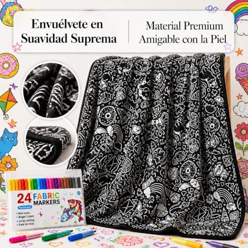 VEELU Adult Coloring Blanket 156×125cm with 24 Markers, Painting Blanket Washable Reusable, Anti-Stress Blanket for Kids and Family Activity, Birthday Gift